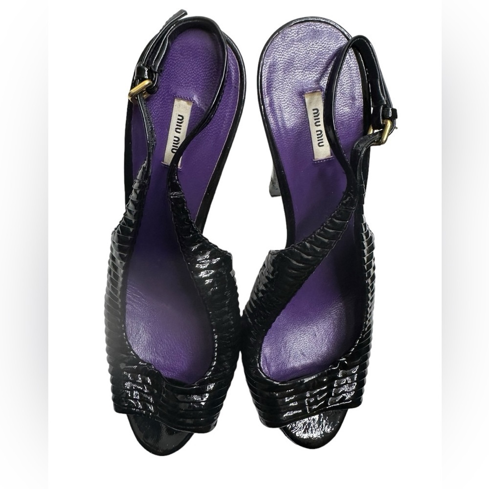 Miu Miu Prada Black Pleated Leather Peep Toe Platform Slingback Heels size37